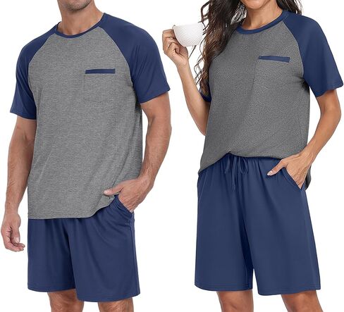 PrinStory Mens Pajama Sets Summer Pjs Sleepwear Nightwear Lightweight Quick Dry Soft Short Sleeve Sleep Set With Pocket S-4XL in Saudi Arabia