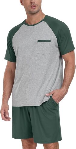 PrinStory Mens Pajama Sets Summer Pjs Sleepwear Nightwear Lightweight Quick Dry Soft Short Sleeve Sleep Set With Pocket S-4XL in Saudi Arabia