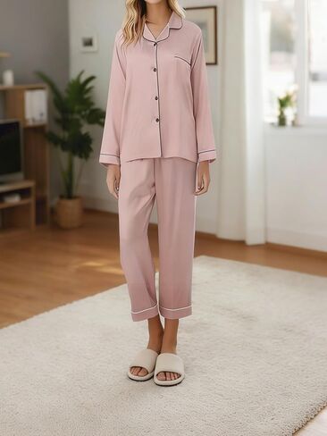 Women's Long-Sleeved Pajama Set With Pockets, Soft Satin Fabric, Elastic Waistband, Comfortable Women's Loungewear in Saudi Arabia