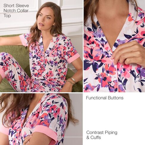 Anne Klein Womens Short Sleeve Button Down Pajama Top & Capri Pant Set - Soft Sweater Knit - Matching Sleepwear & Loungewear in Kuwait