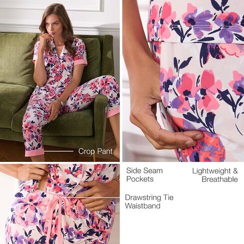 Anne Klein Womens Short Sleeve Button Down Pajama Top & Capri Pant Set - Soft Sweater Knit - Matching Sleepwear & Loungewear in Kuwait