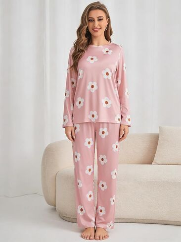 Women's Long Sleeve Floral Print Pajama Set, Elastic Waist Skin-Friendly Soft Ladies Pjs Lounge Sleepwear Two-Piece in Saudi Arabia