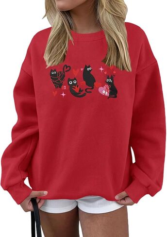 سويت شيرت UYIQL Cat Valentine للسيدات من الصوف اللطيف على شكل قطة الحب هدية عيد الحب قميص طويل الأكمام in Saudi Arabia