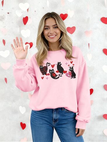 سويت شيرت UYIQL Cat Valentine للسيدات من الصوف اللطيف على شكل قطة الحب هدية عيد الحب قميص طويل الأكمام in Saudi Arabia