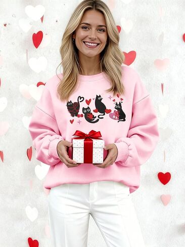 سويت شيرت UYIQL Cat Valentine للسيدات من الصوف اللطيف على شكل قطة الحب هدية عيد الحب قميص طويل الأكمام in Saudi Arabia