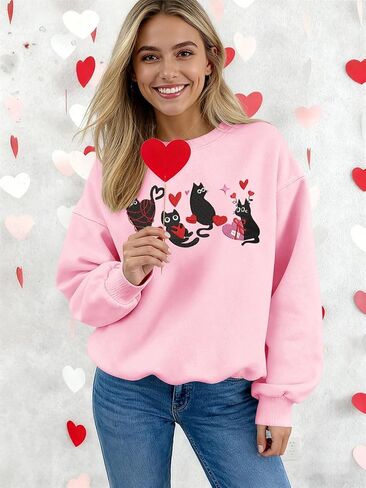 سويت شيرت UYIQL Cat Valentine للسيدات من الصوف اللطيف على شكل قطة الحب هدية عيد الحب قميص طويل الأكمام in Saudi Arabia