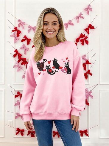 سويت شيرت UYIQL Cat Valentine للسيدات من الصوف اللطيف على شكل قطة الحب هدية عيد الحب قميص طويل الأكمام in Saudi Arabia