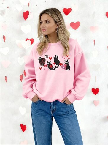 سويت شيرت UYIQL Cat Valentine للسيدات من الصوف اللطيف على شكل قطة الحب هدية عيد الحب قميص طويل الأكمام in Saudi Arabia
