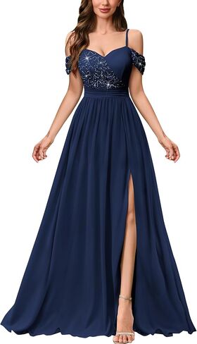 Miusol Women's Off Shoulder Elegant Sequined Split Spaghetti Straps Wedding Maxi Dress in Saudi Arabia