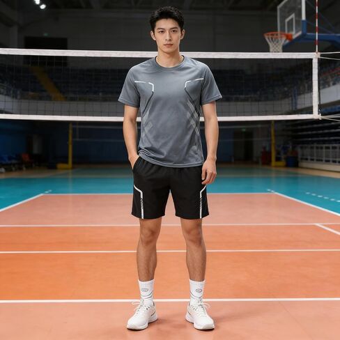 طقم رياضي للرجال مكون من قطعتين، تي شيرت وشورت سريع الجفاف، ملابس رياضية قابلة للتنفس مع تفاصيل عاكسة للجري وتمارين الجيم in Saudi Arabia