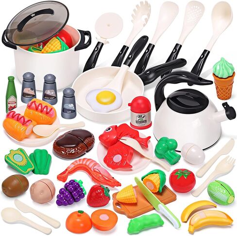 CUTE STONE 51-Piece Mini Play Kitchen Accessories for Kids, Pretend Cooking Playset with Pots, Pans, Utensils, Cutting Fun Fruits & Veggies, Learning Gift for Toddlers, Girls & Boys in Kuwait
