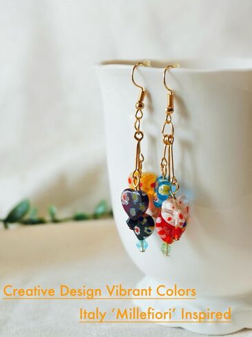 Murano Style Glass Earrings, Colorful Heart Shape Millefiori Beads Drop Dangle Earrings, 18k Gold Plated Multicolor Glass Jewelry, Trendy Gifts for Women Girls in Saudi Arabia