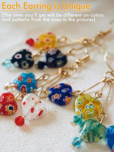 Murano Style Glass Earrings, Colorful Heart Shape Millefiori Beads Drop Dangle Earrings, 18k Gold Plated Multicolor Glass Jewelry, Trendy Gifts for Women Girls in Saudi Arabia