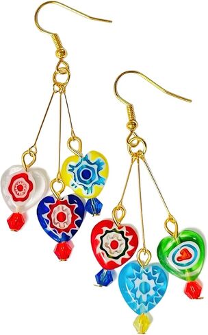 Murano Style Glass Earrings, Colorful Heart Shape Millefiori Beads Drop Dangle Earrings, 18k Gold Plated Multicolor Glass Jewelry, Trendy Gifts for Women Girls in Saudi Arabia