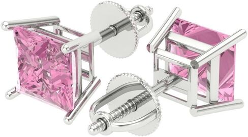 3.94cttw الأميرة قص VVS1 سوليتير خالية من الصراع حقيقية الوردي للجنسين مصمم وأقراط الصلبة 14 كيلو الذهب الأبيض المسمار الخلفي in Kuwait