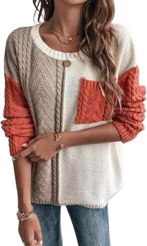 QnnQuu Women's Fashion Sweater – Casual Patchwork Pocket Pullover Knit Top, Stylish and Cozy Ladies' Knitted Jumper in Saudi Arabia
