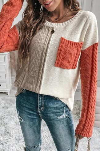 QnnQuu Women's Fashion Sweater – Casual Patchwork Pocket Pullover Knit Top, Stylish and Cozy Ladies' Knitted Jumper in Saudi Arabia