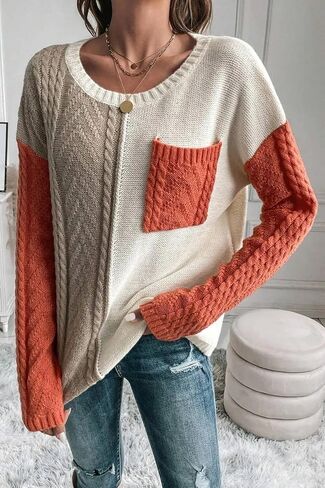 QnnQuu Women's Fashion Sweater – Casual Patchwork Pocket Pullover Knit Top, Stylish and Cozy Ladies' Knitted Jumper in Saudi Arabia