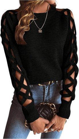SweatyRocks Women's Criss Cross Cut Out Sleeve Round Neck Hollow Out Knit Sweater Tops in Saudi Arabia