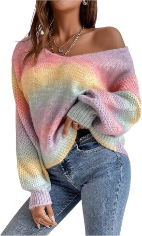 SHENHE Women's Rainbow Colorful Sweater Fall Y2K Long Sleeve Striped Knit Pullover Sweater Tops in Saudi Arabia
