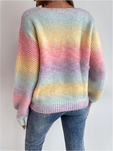 SHENHE Women's Rainbow Colorful Sweater Fall Y2K Long Sleeve Striped Knit Pullover Sweater Tops in Saudi Arabia