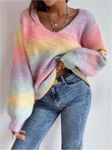 SHENHE Women's Rainbow Colorful Sweater Fall Y2K Long Sleeve Striped Knit Pullover Sweater Tops in Saudi Arabia