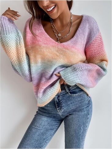 SHENHE Women's Rainbow Colorful Sweater Fall Y2K Long Sleeve Striped Knit Pullover Sweater Tops in Saudi Arabia