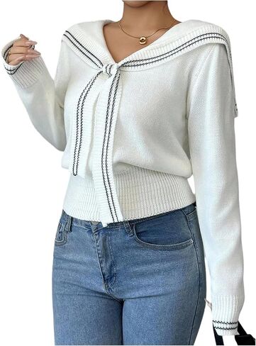 Milumia Women's Striped Collar V Neck Sweater Long Sleeve Cinched Waist Going Out Knitted Tops in Saudi Arabia