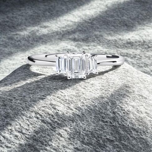 DIAMOND AFFECTION 1/2 Cttw Lab Created Emerald Cut Diamond Ring for Women Three Stone Engagement Band Rhodium Plated 925 Sterling Silver in Saudi Arabia