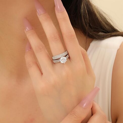 MinlingQi 18K White Gold Plated Stackable Rings Set for Women Cubic Zirconia Stacking Bands Wedding Engagement Promise Eternity Bridal Ring Sets in Saudi Arabia