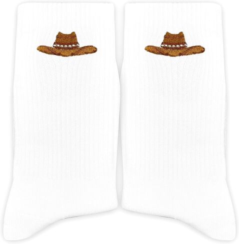 Cowboy Hat Embroidered White Socks-Western Style Socks for Women&Men, Gifts for Birthday, Christmas, Bachelorette Party, etc.(052) in Kuwait