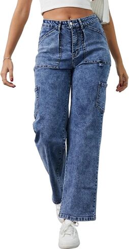 Sweezarmo Women's Cargo Jeans High Waisted Solid Color Denim Casual Stretch Elastic Waist Joggers with Pocket in Saudi Arabia