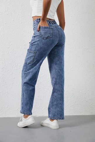 Sweezarmo Women's Cargo Jeans High Waisted Solid Color Denim Casual Stretch Elastic Waist Joggers with Pocket in Saudi Arabia