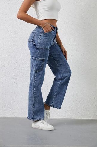 Sweezarmo Women's Cargo Jeans High Waisted Solid Color Denim Casual Stretch Elastic Waist Joggers with Pocket in Saudi Arabia