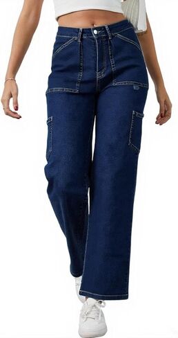 Sweezarmo Women's Cargo Jeans High Waisted Solid Color Denim Casual Stretch Elastic Waist Joggers with Pocket in Saudi Arabia