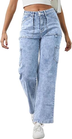 Sweezarmo Women's Cargo Jeans High Waisted Solid Color Denim Casual Stretch Elastic Waist Joggers with Pocket in Saudi Arabia