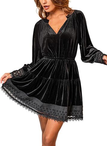 CUPSHE Womens Mini Fall Dresses Velvet V Neck Casual Long Sleeve Lace Short Ruffled Party Outfit Flowy Cocktail Dress in Saudi Arabia