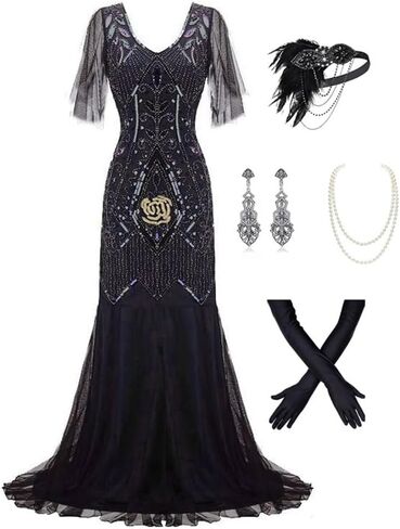 879A - Plus Size 1920s Vintage Fringed Gatsby Sequin Tassels Flapper Party Cocktail Maxi Long Dress with Accessories in Saudi Arabia