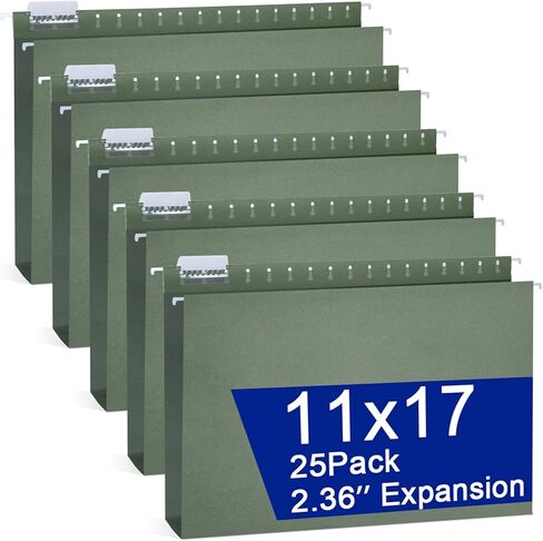 gisgfim 25 Pack Reinforced 11x17 Hanging File Folders 1/5 Cut Heavy Duty Hanging File Folders with Plastic Tabs & Label Cards Expanding Hangers File Organizer for Drawing Engineering Document (Green) in Kuwait