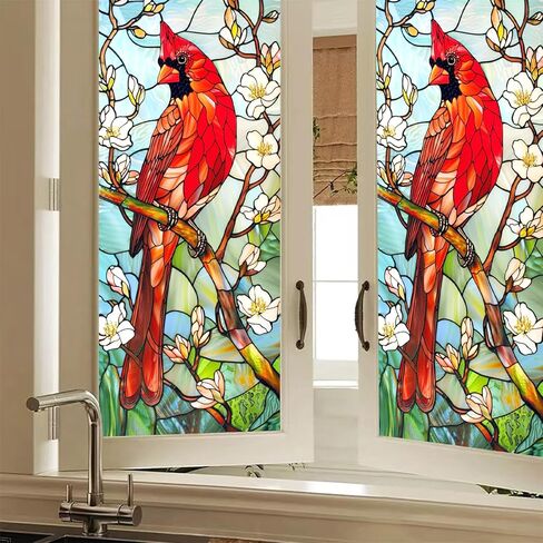 HOMETITUTE الربيع أزهار الكاردينال نافذة التشبث 18 × 39 بوصة الزجاج الملون ديكور الخصوصية فيلم غطاء PVC للألواح الزجاجية ويندوز خلفية المنزل الموسمية in Kuwait
