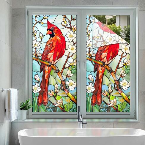 HOMETITUTE الربيع أزهار الكاردينال نافذة التشبث 18 × 39 بوصة الزجاج الملون ديكور الخصوصية فيلم غطاء PVC للألواح الزجاجية ويندوز خلفية المنزل الموسمية in Kuwait