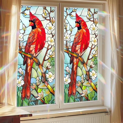 HOMETITUTE الربيع أزهار الكاردينال نافذة التشبث 18 × 39 بوصة الزجاج الملون ديكور الخصوصية فيلم غطاء PVC للألواح الزجاجية ويندوز خلفية المنزل الموسمية in Kuwait