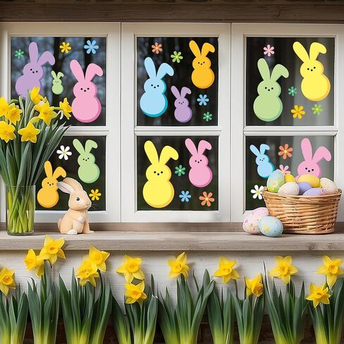 FYSUIMU Easter Window Clings Colorful Bunny Rabbit Daisy Window Stickers Double-Side Glass Decals for Spring Home Party Decoration, 7.9 x 11.8 Inch, 9 Sheets in Saudi Arabia