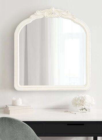 Kate and Laurel Jenelle Traditional Arched Baroque Wall Mirror, 28 x 30, White, Distressed Antique-Inspired Vintage Arch Mirror with Ornate Garland Crown for Bathroom Vanity or Fireplace Mantel in Saudi Arabia