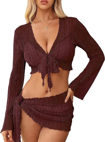 ALIREVERIE Women's 2 Pieces Mesh Bathing Suit Beach Long Sleeve Bikini Cover Up Mini Skirt Sets in Saudi Arabia