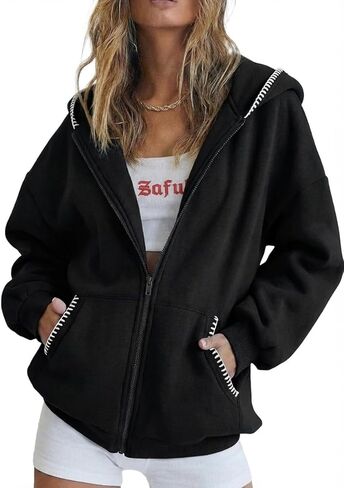 ZAFUL خياطة متباينة هوديس للنساء البلوز جاكيتات كامل زمم كنزة بغطاء رأس من الصوف ملابس عادية مريحة الخريف الشتاء in Saudi Arabia