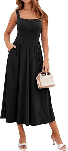 فستان YATHON نسائي صيفي متوسط ​​الطول بنقشة الزهور كاجوال برقبة مربعة متموجة لحفلات الزفاف فساتين ضيوف الشاطئ لقضاء العطلات مع جيب in Kuwait