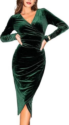 CUPSHE Womens Velvet Midi Dresses Long Sleeve V Neck Ruched Bodycon Fall Outfit Cocktail Holiday Party Dress in Saudi Arabia