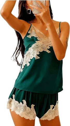 Fenghualzzniya Women Silk Pajamas Lace Satin Cami Pjs Set Y2k Camisole Shorts Sets Sexy 2 Piece Lingerie Set Sleepwear in Saudi Arabia