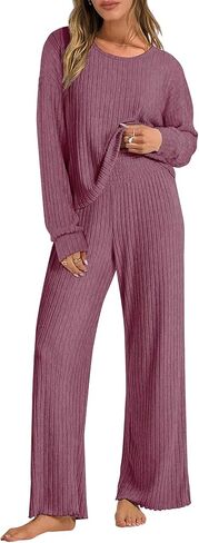 TFNOSIZE Women's Ribbed Knit Lounge Set, 2-Piece Long-Sleeve Top and High-Waist Pants: Soft Comfy Loungewear for Home Travel in Saudi Arabia